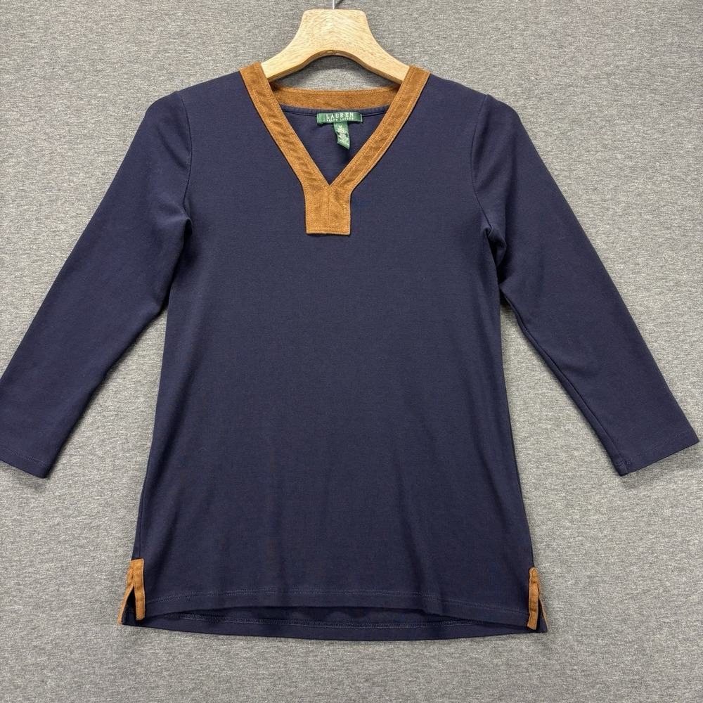 Lauren Ralph Lauren 3/4 Sleeve Top Tunic Women Size Medium V Neck Navy Blue